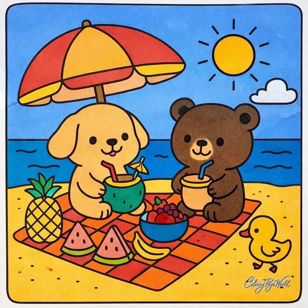Beach Scene with Tropical Drinks (Puppy & Bear)