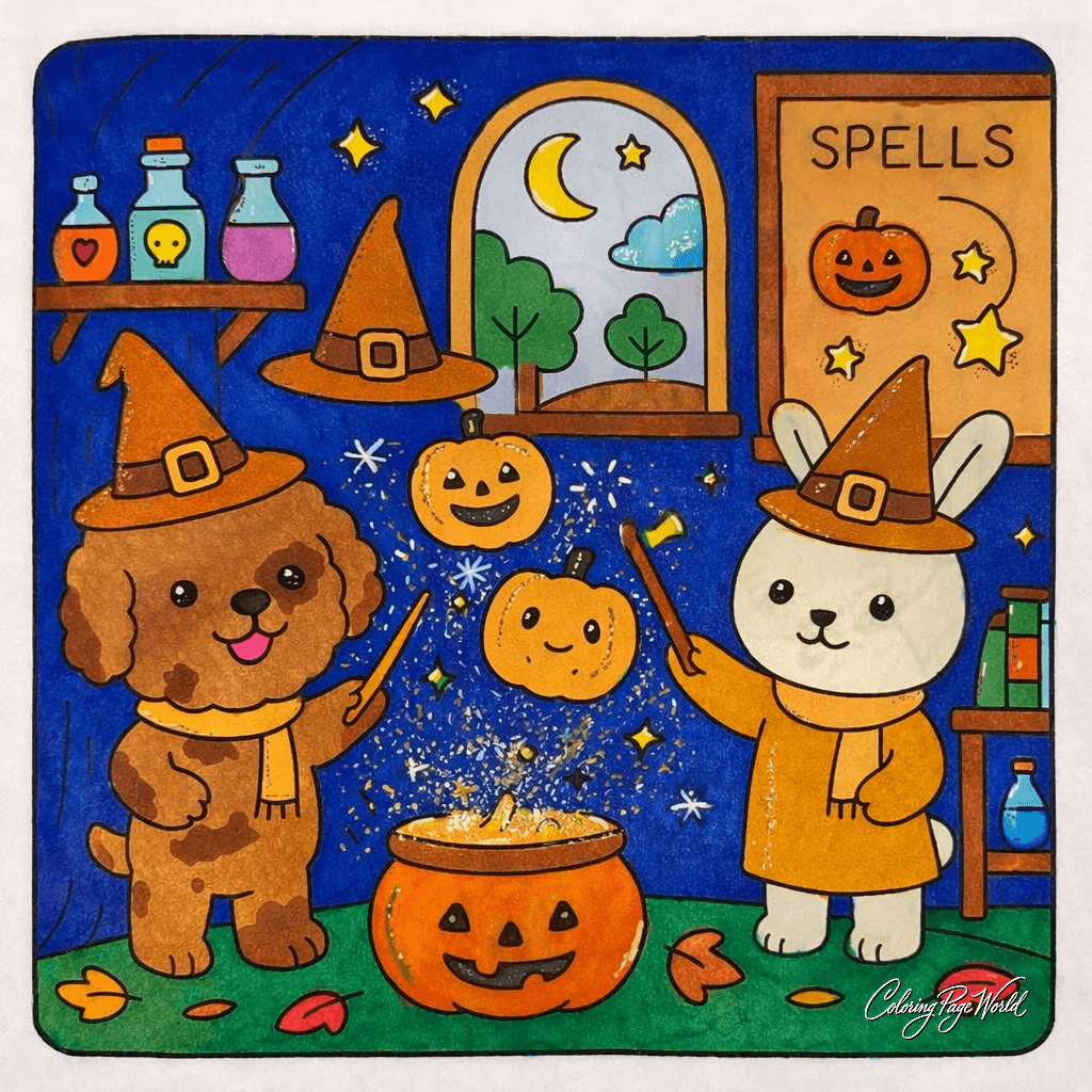 Cozy Halloween Buddies Mixing Magic Potions