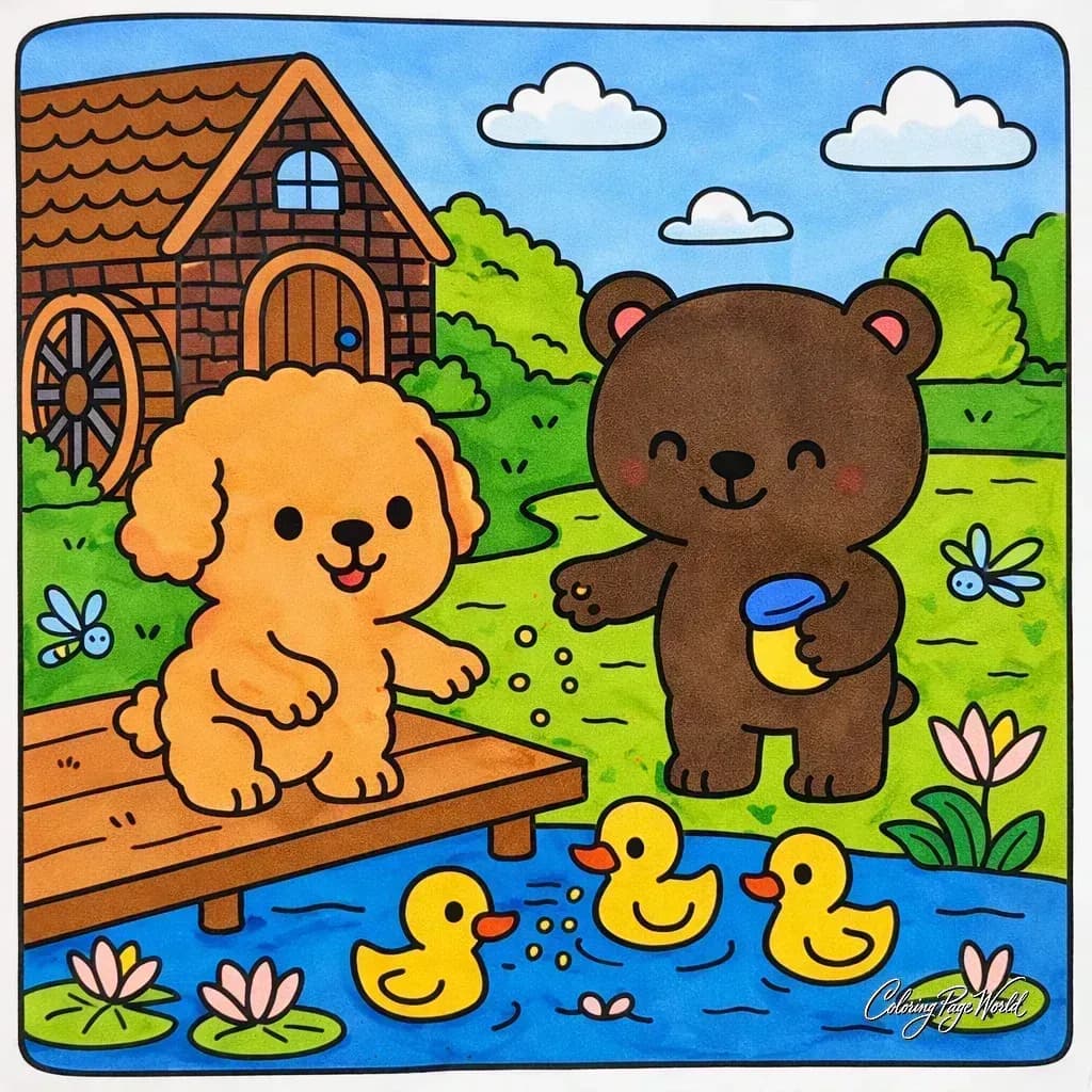 Feeding Ducks at the Pond with Puppy and Bear