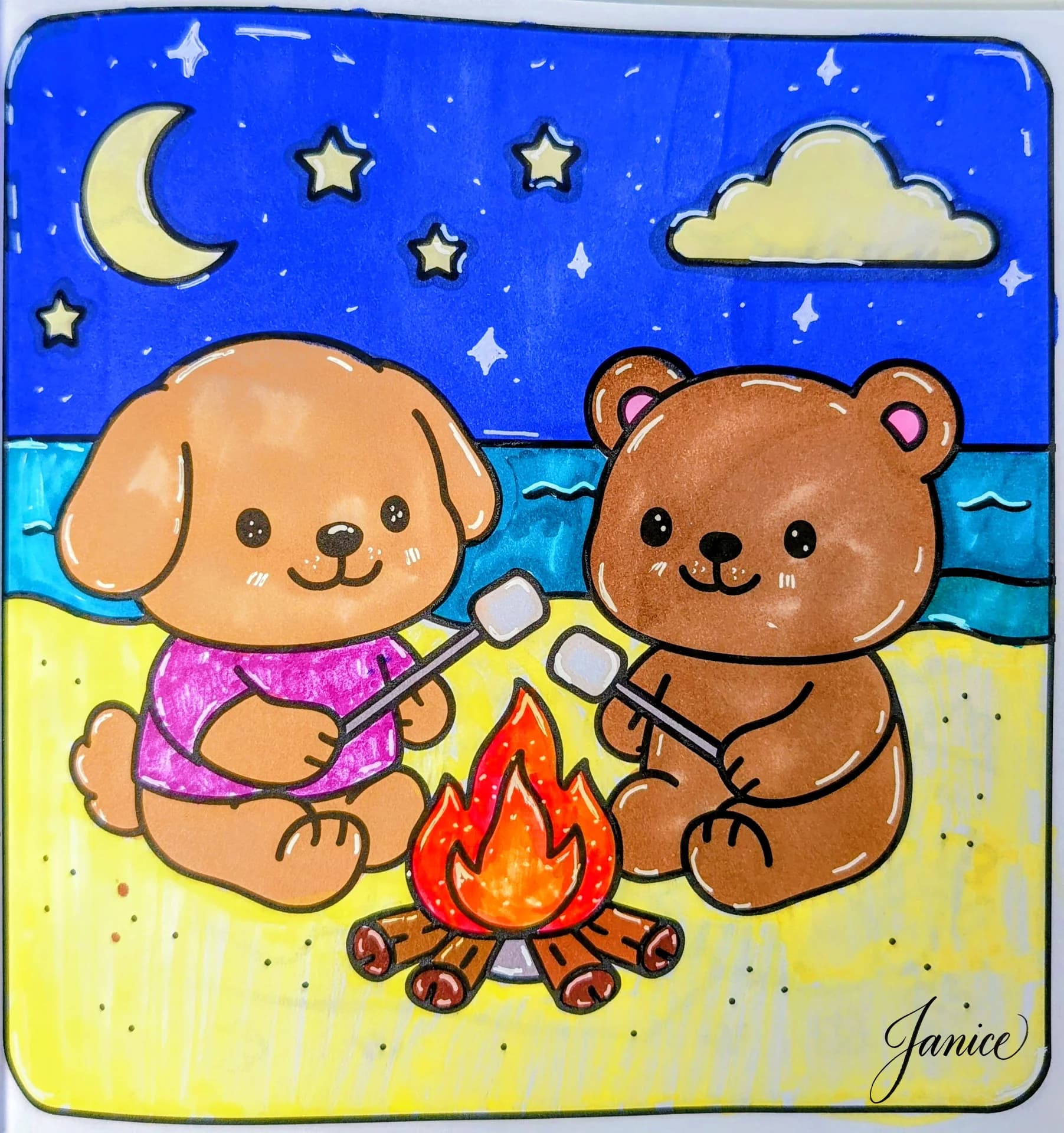 Fluffy Puppy and Tiny Bear: Marshmallow Campfire Friends