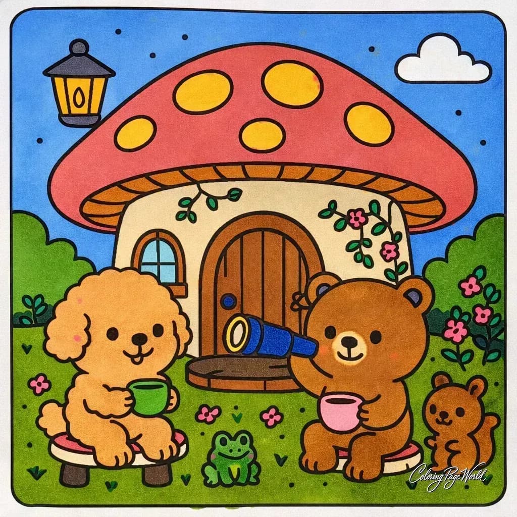 Mushroom House Tea Party with Puppy & Bear