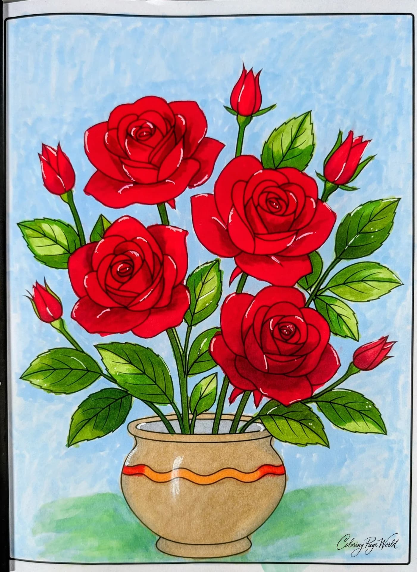 Red Roses in a Ceramic Pot Coloring Page