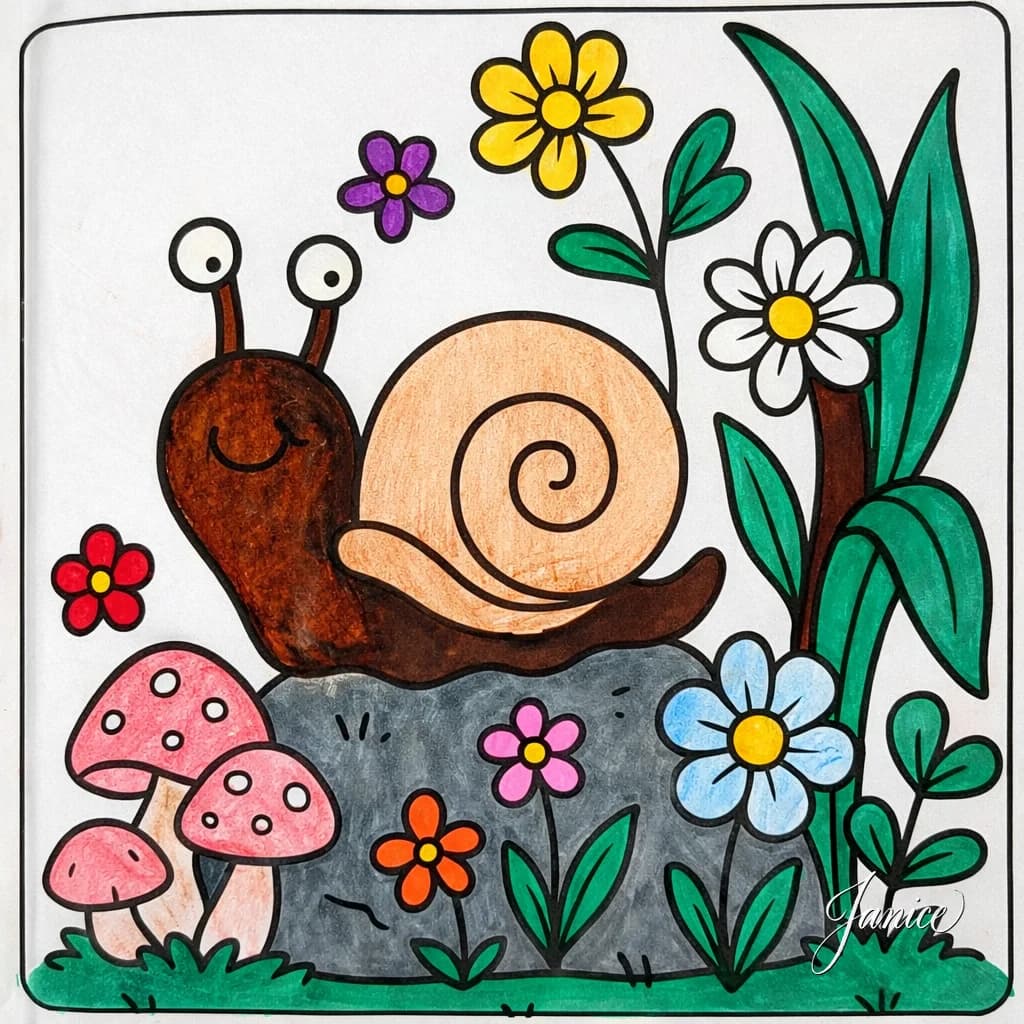 Snail's Serene Garden: A Colorful Coloring Adventure