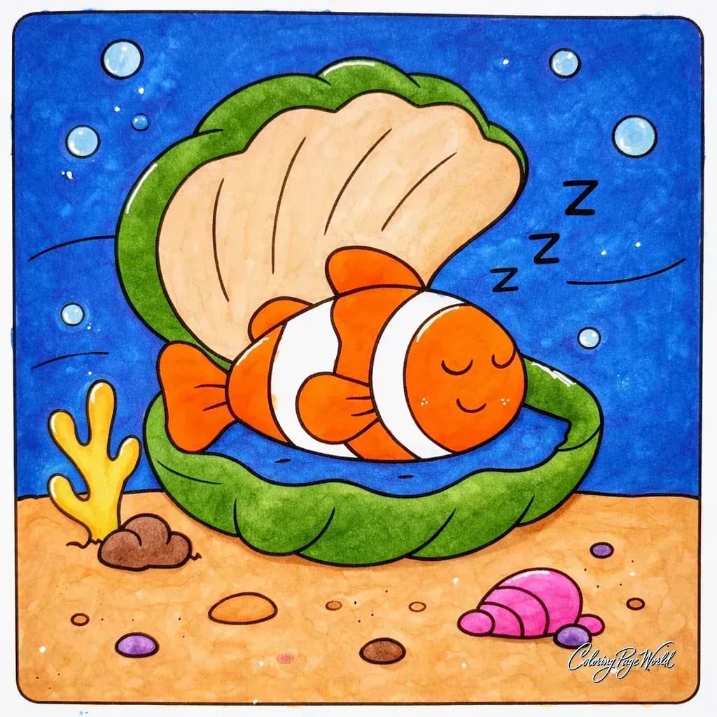 Snoozing Clownfish in Seashell