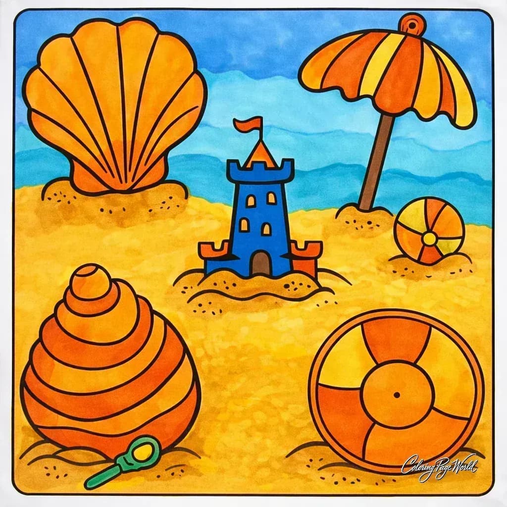 Sunny Beach Day (Sandcastle, Umbrella & Shells)